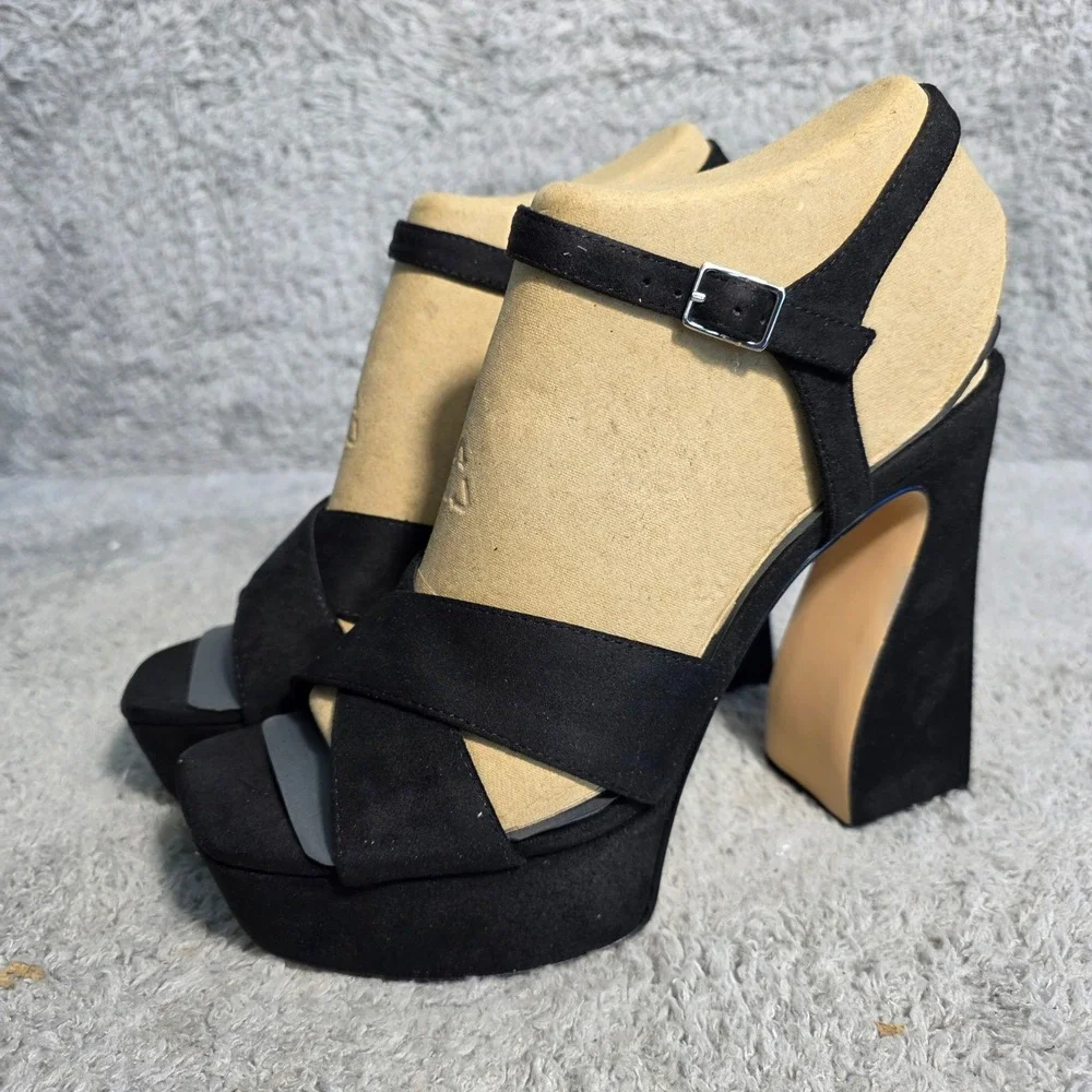 Nine West Black‎ Faux Suede Platform  Chunky Block Heels Sandals 10 NEW